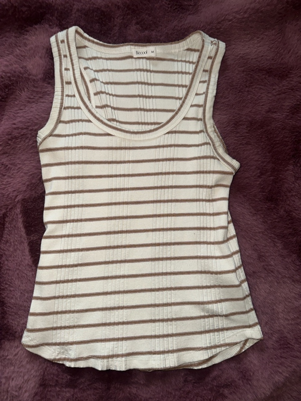 BE COOL Cream Tank Top with Brown Stripes